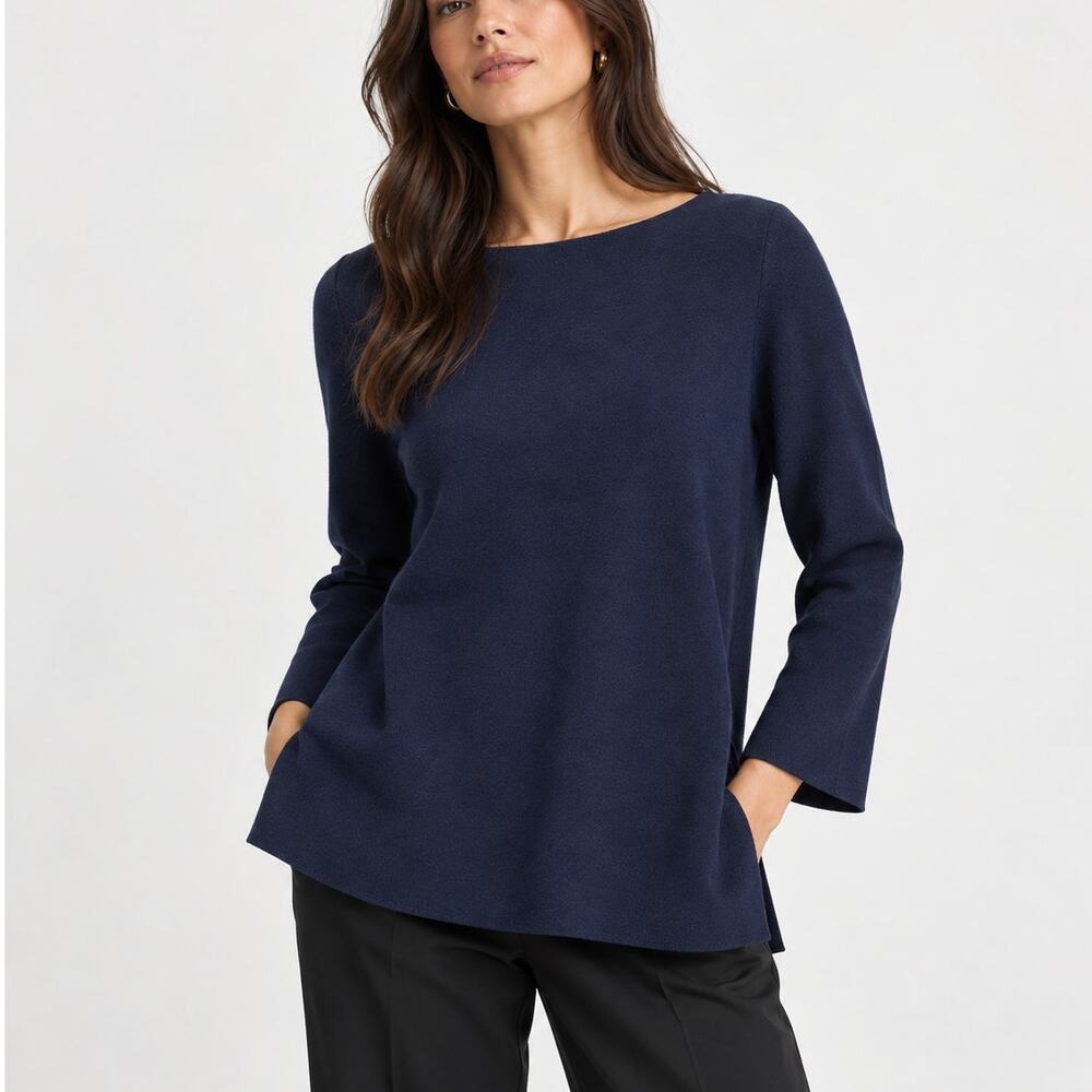 COS Boat Neck Pullover Wool Sweater Tunic Navy Blue Size Medium